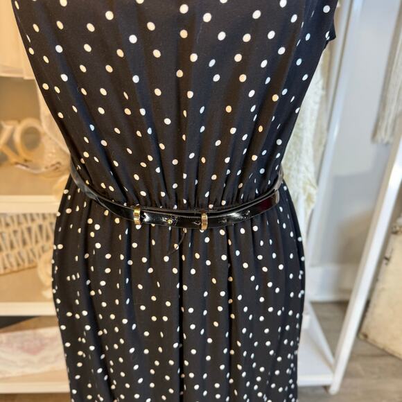 Elle sz. small, black sleeveless, polkadotted, belted fit, and flare dress #3812 - Picture 6 of 9